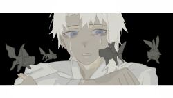  12daze 1boy black_background blue_eyes chinese_commentary commentary_request crossed_arms crying crying_with_eyes_open highres japanese_clothes kagurabachi kimono letterboxed looking_at_animal male_focus parted_lips portrait sad sazanami_hakuri short_hair simple_background single_sidelock solo tears telescope_goldfish very_short_hair white_hair white_kimono 
