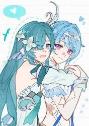  +++ 2girls absurdres aqua_hair armband artist_request bare_shoulders blue_dress blue_eyes blue_gem closed_mouth detached_sleeves dress feather_hair_ornament feathers fingerless_gloves fingernails fins flower from_side fur_collar fur_trim gem genshin_impact gloves hair_flower hair_ornament hair_over_one_eye hairband head_fins heart highres hug hug_from_behind long_hair long_sleeves looking_at_another multicolored_hair multiple_girls odette_(genshin_impact) open_mouth puffy_detached_sleeves puffy_long_sleeves puffy_sleeves short_hair sidelocks simple_background sleeveless sleeveless_dress smile speech_bubble spoken_heart strapless strapless_dress streaked_hair upper_body very_long_hair violet_eyes vodyanitsa_(genshin_impact) white_armband white_background white_dress white_flower white_gloves white_hair white_hairband white_sleeves yuri 
