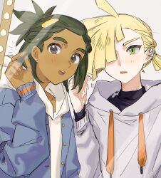  2boys :o alternate_costume black_undershirt blonde_hair blue_jacket dark-skinned_male dark_skin ear_piercing earrings fua1heyvot4ifsr gladion_(pokemon) green_eyes green_hair grey_background grey_eyes hau_(pokemon) highres hood hoodie jacket jewelry looking_at_mirror looking_at_viewer male_focus mirror multiple_boys open_mouth piercing pokemon pokemon_sun_and_moon ponytail short_ponytail simple_background upper_body white_hoodie 