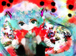  1girl abstract_background absurdres black_sleeves blue_eyes blue_hair blue_necktie closed_mouth detached_sleeves grey_shirt hands_up hatsune_miku highres hilty looking_ahead looking_at_viewer necktie shirt sleeveless sleeveless_shirt smile solo upper_body vocaloid 