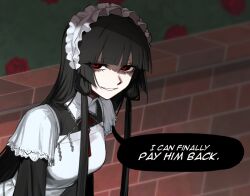  1girl apron black_dress black_eyes brick_wall bush dress english_text eyes_visible_through_hair long_sleeves looking_at_viewer maid maid_apron maid_headdress original partially_shaded_face red_pupils red_roses rose_bush shade smile solo speech_bubble teeth tsu_(lovesick1964) white_apron white_headdress yandere 