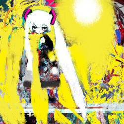  1girl abstract abstract_background absurdres closed_mouth commentary_request from_side hatsune_miku highres hilty long_hair looking_ahead looking_at_viewer looking_to_the_side solo twintails vocaloid walking waving white_hair yellow_background 