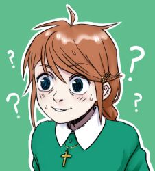 ? ahoge blue_eyes braid brown_hair chaby36 christ-chan christianity collar cross cross_necklace dress green_background green_dress hair_ornament hairclip jewelry light_blush lowres necklace open_mouth original raised_eyebrows single_braid sweat upper_body white_collar 