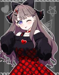 1girl :p ;p absurdres bare_shoulders black_bow black_sweater bow brown_hair choker commentary_request cowboy_shot drawn_heart drawn_star drawn_wings dress fujishima_megumi grey_background hair_bow half_updo hasu_no_sora_pop_up_shop_gothic_punk_collection heart heart_necklace heart_o-ring heart_ring_choker highres jewelry long_hair long_sleeves looking_at_viewer love_live! love_live!_hasu_no_sora_jogakuin_school_idol_club necklace o-ring o-ring_choker off-shoulder_sweater off_shoulder one_eye_closed plaid_clothes plaid_dress red_choker red_dress sleeveless sleeveless_dress sleeves_past_fingers sleeves_past_wrists smile solo star_(symbol) striped_background sweater tamako_(panann9) tongue tongue_out torn_clothes torn_sweater vertical-striped_background violet_eyes virtual_youtuber 