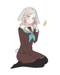  1girl :t animal_ears aqua_neckerchief black_pantyhose blue_eyes brown_dress carrot ceras_yanagida_lilienfeld closed_mouth commentary dress floppy_ears grey_hair hair_ribbon hasu_no_sora_school_uniform highres idgukgu kemonomimi_mode long_hair long_sleeves looking_at_viewer lop_rabbit_ears love_live! love_live!_hasu_no_sora_jogakuin_school_idol_club neckerchief no_shoes pantyhose parted_bangs pink_ribbon pout rabbit_ears rabbit_girl rabbit_tail ribbon sailor_collar sailor_dress school_uniform solo tail untranslatable_commentary virtual_youtuber white_sailor_collar winter_uniform 