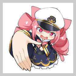  1girl :d animal_ears azur_lane blue_dress blush border bow bowtie cat_ears cat_girl cat_tail chibi chibi_only dress drill_hair full_body grey_border hat incoming_handshake long_dress long_hair long_sleeves meowfficer_(azur_lane) military_uniform naval_uniform offering_hand open_mouth parallelrey peaked_cap pink_bow pink_bowtie pink_eyes pink_hair pound_(azur_lane) smile solo tail twin_drills white_background white_hat wide_sleeves 