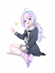  1girl :d absurdres ahoge black_jacket black_neckerchief blue_archive blue_hair blush buttons chinese_commentary commentary_request double-breasted feet from_side full_body grey_shirt grey_skirt hair_bobbles hair_ornament hand_up highres jacket long_hair long_sleeves looking_at_viewer low_twintails midriff miniskirt missing_halo multicolored_hair neckerchief no_shoes open_clothes open_jacket open_mouth pink_hair pink_socks pleated_skirt reisa_(blue_archive) sailor_collar school_uniform serafuku shadow shirt sidelocks simple_background sitting skirt smile smug socks soles solo sparkle star_(symbol) star_hair_ornament streaked_hair striped_clothes striped_socks tareme toes twintails two-tone_hair user_dfkw2853 v violet_eyes white_background white_sailor_collar white_serafuku yokozuwari 