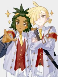  2boys :o alternate_costume armband bag black_bag blonde_hair collared_shirt commentary_request dark-skinned_male dark_skin fua1heyvot4ifsr gladion_(academy)_(pokemon) gladion_(pokemon) green_eyes green_hair grey_background grey_eyes grey_jacket hair_over_one_eye hau_(pokemon) highres jacket looking_at_viewer male_focus multiple_boys necktie open_mouth pants pointing pointing_at_viewer pokemon pokemon_sun_and_moon ponytail red_armband red_vest school_uniform shirt short_ponytail shoulder_bag simple_background sparkle upper_body vest white_pants white_shirt yellow_necktie 