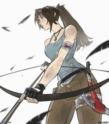  absurdres artist_name axe bandaged_arm bandaged_leg bandages bare_shoulders black_gloves blue_camisole bow_(weapon) breasts brown_hair brown_pants camisole commentary cowboy_shot drawing_arrow falling_feathers feathers fingerless_gloves gloves hatchet_(axe) highres holding holding_bow_(weapon) holding_weapon jewelry lara_croft long_hair medium_breasts necklace pants parted_bangs parted_lips polluxery ponytail tomb_raider weapon white_background 