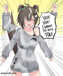  1girl absurdres animal_ears baggy_clothes black_tank_top blush breasts brown_hair closed_eyes commentary_request dress emphasis_lines english_text fangs grey_dress grey_streaks hair_ornament hair_over_one_eye highres horse_ears horse_girl horse_tail long_sleeves motion_blur multicolored_hair naoyuki_arts open_mouth rulership_(casual)_(umamusume) rulership_(umamusume) short_hair single_bare_shoulder solo speech_bubble streaked_hair tail tail_raised tank_top torn_clothes torn_dress umamusume yada_yada 
