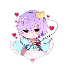  1girl absurdres black_hairband blue_shirt buttons chibi chibi_only closed_mouth collared_shirt commentary_request disembodied_linked_eye eyeball frilled_shirt_collar frilled_sleeves frills full_body hair_ornament hairband heart heart_button heart_hair_ornament highres komeiji_satori long_sleeves looking_at_viewer pink_eyes pink_skirt pink_slippers purple_hair ribbon-trimmed_collar ribbon_trim shirt simple_background skirt slippers smile socks solo touhou transparent_background white_background white_socks wide_sleeves you_(noanoamoemoe) 