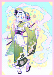  !? 1girl absurdres apron black_hairband black_sandals blue_background blue_eyes bonnet border chinese_commentary commentary_request floral_print floral_print_kimono frilled_kimono frills full_body gradient_background green_bonnet green_kimono green_skirt grey_hair hairband highres hitodama japanese_clothes katana kimono konpaku_youmu konpaku_youmu_(ghost) long_sleeves looking_at_viewer medium_hair obi obijime open_mouth pink_border print_kimono sandals sash sheath sheathed skirt smile socks solo sword sword_on_back tabi touhou weapon weapon_on_back white_apron white_socks wide_sleeves xingxingxing_guangguang 
