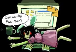  2girls :3 animal_ears aoiseshin barefoot black_background black_hair black_jacket cat_on_keyboard chibi closed_mouth coffee_mug computer_keyboard cup disembodied_arm double-parted_bangs english_text folder hair_between_eyes inaba_tewi jacket long_sleeves messy_hair monitor mug multiple_girls pink_shirt pink_skirt pov puffy_short_sleeves puffy_sleeves rabbit_ears rabbit_girl rabbit_tail red_eyes red_ribbon reisen_udongein_inaba ribbon ribbon-trimmed_skirt ribbon_trim screen_light shirt short_hair short_sleeves simple_background skirt sleeves_past_wrists solo_focus speech_bubble sticky_note tail taskbar touhou trash_(computing) user_interface white_shirt window_(computing) 