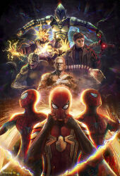  6+boys absurdres armor artist_name black_undershirt blue_bodysuit bodysuit bomb brown_coat check_commentary closed_mouth coat commentary_request dark-skinned_male dark_skin doctor_octopus electro_(spider-man) explosive glasses green_armor green_goblin highres holding holding_bomb lightning lizard_(marvel) lizard_tail marvel masashi_toy mask mechanical_arms multicolored_bodysuit multiple_boys multiple_persona open_mouth portal_(object) putting_on_mask red_bodysuit red_mask round_eyewear sand sandman_(marvel) science_fiction sharp_teeth spider-man spider-man:_no_way_home spider-man_(original_suit) spider-man_(series) spider-man_1_(2002) spider-man_2_(2004) spider-man_3 superhero_costume tail teeth the_amazing_spider-man the_amazing_spider-man_2 trench_coat two-tone_bodysuit 