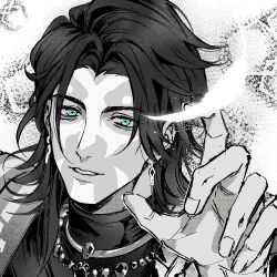  1boy armor black_hair blue_eyes earrings facepaint feathers fire_emblem fire_emblem:_fortune's_weave jewelry long_hair male_focus monochrome necklace nuzzuo_(fire_emblem) outstretched_hand reaching shoulder_armor upper_body usagi_ringo 