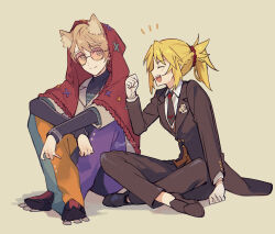  1boy 1girl animal_ear_fluff animal_ears black_jacket black_necktie black_pants black_shirt black_shoes blonde_hair boutonniere braid brooch brown_vest capelet clenched_hands closed_eyes closed_mouth collared_shirt commentary_request crossdressing crossdressing_(ftm) fate/grand_order fate_(series) flower full_body glasses gloves grey_eyes hair_ornament hair_scrunchie half_up_braid hand_up henry_jekyll_(fate) henry_jekyll_(halloween_2026)_(fate) high_ponytail highres hood hood_up hooded_capelet indian_style jacket jekyll_and_hyde_(fate) jewelry knees_up layered_shirt light_blush long_sleeves looking_at_another mordred_(fate) mordred_(formal_dress)_(fate) multicolored_pants necktie notice_lines open_mouth pants ponytail red_capelet red_scrunchie rose round_eyewear scrunchie shirt shoes short_hair simple_background sitting smile tailcoat teeth tinted_eyewear turtleneck turtleneck_shirt upper_teeth_only vest white_flower white_gloves white_rose white_shirt wolf_boy wolf_ears wolf_ggwin yellow-tinted_eyewear yellow_background 