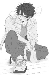  1boy absurdres commentary ensemble_stars! greyscale highres holding holding_towel jacket layered_clothes long_sleeves male_focus monochrome morisawa_chiaki open_clothes open_jacket open_mouth pants shoelaces shoes short_hair simple_background sitting solo sweat towel usui_(usui_koi) 