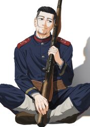  1boy arisaka black_eyes black_hair blue_jacket bolt_action boots buttons closed_mouth commentary_request facial_hair goatee_stubble golden_kamuy gun highres indian_style jacket long_sleeves male_focus mature_male military_uniform murata_miku ogata_hyakunosuke rifle scar scar_on_cheek scar_on_face short_hair simple_background sitting solo stubble weapon white_background 