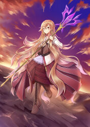  1girl absurdres blonde_hair bodice boots brown_bodice brown_boots closed_mouth commentary_request double-parted_bangs dress earrings eiyuu_densetsu floating floating_hair full_body gold_earrings gradient_sky hair_between_eyes hair_flaps hair_over_shoulder highres holding holding_staff jewelry knee_boots lace-up_boots leather leather_boots levitation long_hair long_sleeves looking_at_viewer mage_staff meng_qian_guang midair orange_sky outdoors purple_sky red_eyes roselia_millstein sen_no_kiseki_(series) sen_no_kiseki_iv shirt sky smile solo staff sunset teardrop_earrings very_long_hair wavy_hair white_shirt witch 