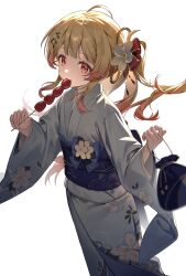  1girl absurdres ahoge alternate_costume beamed_eighth_notes blonde_hair blue_bow blue_kimono blue_sash bow commentary cowboy_shot dango double-parted_bangs eating eighth_note emduck floating_hair floral_print floral_print_kimono flower food gradient_hair hair_flower hair_ornament hair_ribbon highres holding holding_kinchaku holding_skewer hololive hololive_dev_is japanese_clothes kimono kinchaku light_blush long_hair long_sleeves looking_at_viewer mitarashi_dango multicolored_hair musical_note musical_note_hair_ornament obi obiage obijime otonose_kanade pink_hair ponytail pouch print_kimono red_eyes red_ribbon ribbon sash simple_background skewer solo standing untranslatable_commentary very_long_hair virtual_youtuber wagashi white_background white_flower wide_sleeves yukata 