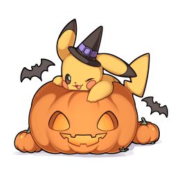 absurdres bat_(animal) hat highres jack-o'-lantern no_humans one_eye_closed open_mouth pikachu pokemon pokemon_(creature) pokemon_focus pumpkin sevi_(seviyummy) simple_background smile witch_hat 