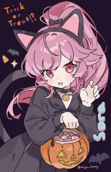  1girl :d animal_ears bat_(animal) black_choker black_dress cat_ears cat_tail character_name choker claw_pose dress english_commentary fake_animal_ears fang halloween halloween_bucket holding holding_halloween_bucket humanized_skin_color jack-o'-lantern mcjn_jazzy ninjago pale_skin pink_eyes pink_hair ponytail single_claw_pose skin_fang smile solo sora_(ninjago) tail trick_or_treat 