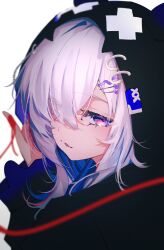  1girl alternate_hair_length_(longer) amane_kanata amane_kanata_(cutesy_punk) animal_hood bear_hood black_jacket blue_hair blurry blurry_foreground colored_inner_hair commentary crossed_bangs depth_of_field eyelashes eyes_visible_through_hair film_grain from_behind from_side grey_hair hair_ornament hair_over_one_eye hairclip highres hololive hood hood_up hooded_jacket jacket long_sleeves looking_to_the_side medium_hair missing_halo multicolored_hair multiple_hairclips official_alternate_costume official_alternate_hairstyle pink_streaks simple_background single_hair_intake solo streaked_hair string string_of_fate suikun_(319n.) upper_body virtual_youtuber white_background 
