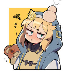  1boy androgyne_symbol black_gloves blonde_hair blue_jacket blush bridget_(guilty_gear) closed_mouth commentary_request cropped_torso double-parted_bangs fingerless_gloves gloves green_eyes guilty_gear guilty_gear_strive head_bump hood hood_up hooded_jacket itsuka_neru jacket long_sleeves looking_at_viewer male_focus open_clothes open_jacket pout roger_(guilty_gear) sanpaku shirt short_hair single_tear solo_focus squiggle stuffed_animal stuffed_toy teddy_bear trap yellow_shirt 