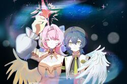  1girl 2girls aurelia_academy_school_uniform bare_shoulders belle_(brilliance_of_stars)_(zenless_zone_zero) belle_(zenless_zone_zero) black_hat blue_hair breasts chinese_commentary commentary_request detached_sleeves dress feathered_wings green_eyes hair_between_eyes hair_intakes hair_ornament hand_on_another's_waist hand_up hat highres holding holding_star large_breasts long_sleeves looking_at_object looking_up low_wings medium_hair multiple_girls necktie official_alternate_costume pink_eyes pink_hair pointy_ears red_star remielle_dan school_uniform short_hair side-by-side sky smile solo star_(sky) star_(symbol) starry_sky upper_body white_dress white_sleeves white_wings wings xi_fertim yellow_necktie zenless_zone_zero 
