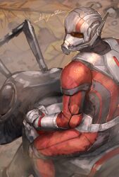  1boy absurdres ant ant-man antennae artist_name avengers_(series) bodysuit bug commentary_request helmet highres ikuyoan incest leaf marvel multicolored_bodysuit riding riding_animal scott_lang superhero_costume two-tone_bodysuit 