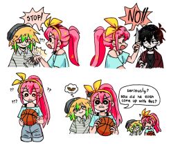  1girl 2boys ? ?? alternate_costume alternate_hair_color alternate_hairstyle alternate_universe antenna_hair aubrey_(faraway)_(omori) aubrey_(omori) bad_id bad_twitter_id ball basil_(faraway)_(omori) basil_(omori) basketball_(object) beanie black_eyes black_gloves black_shirt blonde_hair blue_shirt blue_shorts blush bra_strap bright_pupils closed_mouth collared_shirt commentary denim denim_shorts double-parted_bangs emori english_commentary english_text fingerless_gloves frown gloves green_hair grey_hat grey_shirt hair_between_eyes hairband hat highres holding holding_ball holding_knife knife long_sleeves looking_at_another multicolored_hair multiple_boys off-shoulder_shirt off_shoulder omori open_mouth parted_lips pink_hair ponytail roots_(hair) shirt shorts sidelocks simple_background smile something_(omori) speech_bubble sunny_(omori) thought_bubble two-tone_hair white_background white_pupils yellow_hairband yuilu_(yuiluqqq) 