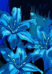  1girl black_hair blue_background blue_eyes blue_flower blue_hair blue_theme blunt_bangs bright_pupils colored_inner_hair commentary_request covered_mouth eyelashes flower flower_request from_side glowing glowing_eyes highres long_hair looking_at_viewer mole mole_on_chin mole_on_nose monochrome multicolored_hair nose original simple_background solo spot_color tsukii_(t_s_u_k_i_i) upper_body 