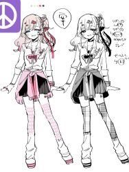  1girl black_choker black_skirt blonde_hair blue_eyes blush bow bowtie bracelet cardigan cardigan_around_waist choker clothes_around_waist collared_shirt color_guide commentary_request gradient_hair gyaru hair_ornament hair_ribbon hairclip heart heart_hair_ornament highres jewelry kedarui_aashii kimi_no_koto_ga_dai_dai_dai_dai_daisuki_na_100-nin_no_kanojo kogal long_hair looking_at_viewer loose_socks miniskirt multicolored_hair multiple_bracelets multiple_rings nozawa_yukiko object_in_pocket official_art ohananomitsu_high_school_uniform open_collar open_mouth pen_in_pocket pink_bow pink_cardigan pink_hair pink_ribbon pink_scrunchie pink_thighhighs pleated_skirt pocket reference_sheet ribbon ring school_uniform scrunchie shirt shoes side_ponytail simple_background skirt sleeves_rolled_up smile socks socks_over_thighhighs striped_bracelet striped_shoes thigh-highs translation_request white_background white_shirt white_shoes 