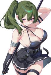  1girl armband belt belt_buckle black_armband black_belt black_choker black_gloves black_shirt black_skirt blush breasts buckle chiyako_(chiyakoart) choker collar cowboy_shot crossed_legs dot_nose double-parted_bangs eyelashes gloves gold grey_hair hair_between_eyes hair_intakes half-closed_eyes halterneck highres holding holding_staff large_breasts long_hair looking_at_viewer o-ring o-ring_choker pleated_skirt purple_eyes purple_pupils side_ponytail simple_background skindentation skirt sleeveless sleeveless_shirt smile sousou_no_frieren staff strap_between_breasts thighlet ubel_(sousou_no_frieren) white_background white_shirt white_skirt 