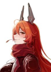  1girl absurdres ahoge black_jacket blush breasts closed_mouth commentary goddess_of_victory:_nikke hair_between_eyes hair_flaps hair_intakes highres horns jacket large_breasts leather leather_jacket long_hair looking_at_viewer mechanical_horns mouth_hold profile quadrachan red_hair red_hood_(nikke) red_jacket red_scarf scarf sidelocks simple_background smile solo stalk_in_mouth upper_body white_background yellow_eyes 