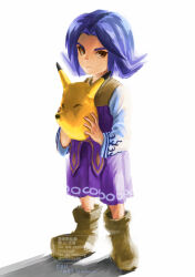  1boy boots brown_eyes child commentary_request dress flipped_hair full_body holding holding_mask kafei keaton_mask looking_at_viewer male_focus mask medium_hair mihama66 purple_dress purple_hair serious simple_background solo standing the_legend_of_zelda the_legend_of_zelda:_majora's_mask white_background 
