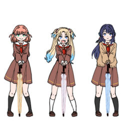  >:) 3girls :d black_socks blonde_hair blue_eyes blue_hair blue_umbrella brown_cardigan brown_dress brown_shoes cardigan closed_mouth closed_umbrella colored_tips commentary_request crossed_bangs dress fang flower green_eyes hair_flower hair_ornament half_updo hasu_no_sanrenka hasu_no_sora_school_uniform hinoshita_kaho holding holding_umbrella loafers long_sleeves looking_at_viewer love_live! love_live!_hasu_no_sora_jogakuin_school_idol_club medium_dress medium_hair multicolored_hair multiple_girls murano_sayaka neckerchief open_mouth orange_hair osawa_rurino pink_flower pleated_dress rabbit_hair_ornament red_neckerchief sailor_collar sailor_dress school_uniform shinanoya_(satanicad) shoes simple_background smile socks split_mouth two_side_up umbrella v-shaped_eyebrows virtual_youtuber white_background white_sailor_collar white_socks white_umbrella winter_uniform yellow_umbrella 