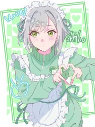  1girl alternate_costume apron blush character_name closed_mouth commentary_request dot_nose drawn_heart english_text four-finger_heart_hands frilled_apron frills green_background green_eyes green_jacket grey_hair hands_up heart heart_hands highres hinomori_shiho jacket jersey_maid long_sleeves looking_at_viewer maid maid_apron maid_headdress name_tag poco08081016 project_sekai short_hair sidelocks sleeves_past_wrists solo track_jacket turtleneck turtleneck_jacket unconventional_maid white_apron white_headdress zipper_pull_tab 