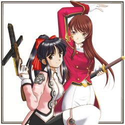 1990s_(style) 2girls aizawa_kotarou arm_up artist_collaboration bad_id black_hair black_pants bow breasts brown_eyes brown_hair buttons closed_mouth commentary_request double-breasted erica_fontaine fingerless_gloves gloves gun hair_bow hana_(hana_mo_arashi_mo) high_ponytail holding holding_gun holding_sword holding_weapon jacket katana long_hair looking_at_viewer medium_breasts multiple_girls pants pink_jacket ponytail red_bow red_jacket retro_artstyle sakura_taisen sakura_taisen_iii sakura_taisen_iv shinguuji_sakura shirt simple_background smile sword upper_body weapon white_background white_gloves white_pants white_shirt 