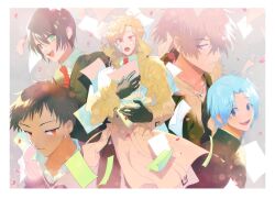  5boys :d :o bandaid bandaid_on_cheek bandaid_on_face black_eyes black_gloves black_hair blonde_hair blue_eyes blue_hair blush border brown_hair close-up coat collared_shirt commentary_request cowboy_shot curtained_hair dark-skinned_male dark_skin ear_piercing earrings everyone falling_paper falling_petals from_side frown fur-trimmed_coat fur_trim gakuran gauze gauze_on_cheek gloves green_coat green_eyes grey_background grey_sweater happy heterochromia highres holding holding_paper jewelry kikuchi_ryou light_particles light_smile long_hair looking_at_viewer looking_to_the_side male_focus mole mole_under_eye morichika_haruki multicolored_hair multiple_boys natsume_souichirou necklace necktie official_art open_collar orange_eyes paper petals piercing pink_hair pink_petals purple_sweater red_eyes red_necktie ring ring_necklace school_uniform sekai_metsubou_kyouyuu_gensou_mamiya shinta_(nikka10) shirt short_hair smile suou_keito sweater teeth toujou_minato trench_coat two-tone_hair upper_teeth_only v-neck very_short_hair violet_eyes white_border white_shirt 