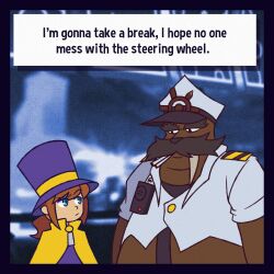  1boy 1girl :/ a_hat_in_time black_eyes black_facial_hair black_necktie blue_eyes brown_hair cape child closed_mouth commentary english_commentary english_text facial_hair hair_tie hat hat_kid hat_ribbon highres hitdhits jacket long_hair looking_at_another looking_to_the_side multiple_cigarettes_in_mouth mustache necktie peaked_cap ponytail purple_hat purple_jacket radio_transceiver raised_eyebrow ribbon ship's_wheel_ornament short_sleeves sidelocks single_tusk thick_eyebrows upper_body walrus walrus_captain_(a_hat_in_time) white_hat white_jacket yellow_cape yellow_ribbon zipper_pull_tab 