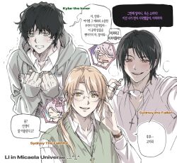  1girl 3boys adam's_apple bags_under_eyes bandage_on_face bandages bandaid bandaid_on_finger bandaid_on_hand black_hair blonde_hair blush collared_shirt commentary cross cross_necklace curtained_hair degrees_of_lewdity glasses green_eyes green_hoodie hand_up holding holding_removed_eyewear holding_sketchbook hood hood_down hoodie jewelry korean_text kylar_(degrees_of_lewdity) kylar_(male)_(degrees_of_lewdity) looking_at_viewer low_ponytail male_focus multiple_boys necklace nishita player_character_(degrees_of_lewdity) player_character_(female)_(degrees_of_lewdity) ponytail shirt short_hair simple_background sketchbook smile speech_bubble sweat sydney_(degrees_of_lewdity) sydney_(male)_(degrees_of_lewdity) tearing_up teeth translation_request unworn_eyewear upper_teeth_only white_background white_shirt yellow_eyes 
