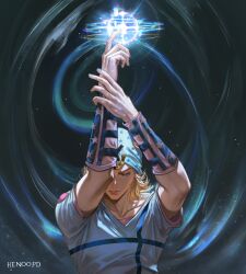  1boy absurdres arm_warmers arms_up artist_name beanie blonde_hair blue_eyes blue_nails closed_mouth collarbone commentary hat heart henoopd highres hood hood_down hoodie horseshoe_hat_ornament horseshoe_ornament johnny_joestar jojo_no_kimyou_na_bouken looking_down male_focus medium_hair nail_polish solo star_(symbol) steel_ball_run upper_body watermark white_hoodie 