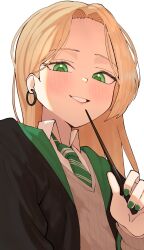  1girl black_robe blonde_hair close-up commentary earrings english_commentary from_below genderswap genderswap_(mtf) green_eyes green_necktie green_sweater harry_potter_(series) highres hogwarts_school_uniform holding holding_wand hoop_earrings jewelry lessrevz long_hair looking_at_viewer malfoid necktie robe school_uniform shirt simple_background solo sweater wand white_background white_shirt wizarding_world 