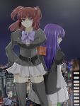  armband back-to-back back_to_back belt black_legwear black_thighhighs blue_eyes blue_hair bow breasts cat_tail city dress frederica_bernkastel hair_bobbles hair_ornament large_breasts long_hair looking_back multiple_girls night pleated_skirt purple_eyes red_hair redhead ribbon skirt tail thigh-highs thighhighs umineko_no_naku_koro_ni ushiromiya_ange violet_eyes zettai_ryouiki 