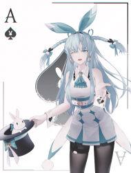  1girl :d ;d ace_(playing_card) ace_of_spades ascot black_hat black_pantyhose black_survival blue_ascot blue_bow blue_eyes bow braid card cowboy_shot dress earrings emma_hardy eternal_return:_black_survival hair_bow hat highres holding holding_card holding_unworn_clothes holding_unworn_hat in_hat jewelry kofo long_hair looking_at_viewer one_eye_closed open_mouth pantyhose playing_card rabbit short_dress sleeveless sleeveless_dress smile solo spade_(shape) standing thigh_strap top_hat twin_braids unworn_hat unworn_headwear white_background white_dress white_wrist_cuffs wrist_cuffs 