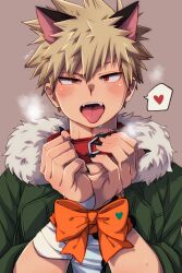  1boy animal_ears anime_coloring artist_name bakugou_katsuki bandaged_wrist bandages bdsm black_nails blonde_hair boku_no_hero_academia bondage bound bound_wrists bow bush cocked_eyebrow collar commentary_request eyebrows_hidden_by_hair fangs fingernails fur-trimmed_jacket fur_trim green_jacket hair_between_eyes half-closed_eye hands_up heart highres jacket kmrn_urak lapels looking_at_viewer male_focus official_alternate_costume open_clothes open_jacket open_mouth orange_bow partial_commentary raised_eyebrow red_collar red_eyes sharp_fingernails shirt short_hair sleeves_rolled_up solo speech_bubble spiky_hair spoken_heart steam straight-on sweat three-quarter_sleeves tongue tongue_out tsurime uneven_eyes upper_body white_shirt wolf_boy wolf_ears 