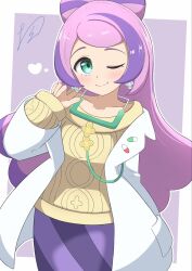  1girl blush bow-shaped_hair breasts closed_mouth coat commentary_request earrings flower_earrings green_eyes heart highres jewelry lab_coat long_hair long_sleeves miriam_(pokemon) multicolored_hair one_eye_closed open_clothes oronamin_poke pencil_skirt pink_hair pokemon pokemon_scarlet_and_violet purple_hair purple_skirt school_nurse skirt smile solo stethoscope streaked_hair striped_clothes striped_skirt sweater swept_bangs yellow_sweater 