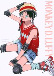  1boy alternate_costume arm_up bandaid bandaid_on_face bandaid_on_nose bare_shoulders black_gloves black_hair blue_shorts character_name collarbone commentary elbow_pads fingerless_gloves foot_out_of_frame gloves hand_on_headwear helmet highres knee_pads looking_at_viewer loose_socks male_focus monkey_d._luffy one_piece open_mouth red_shirt rkznfksthsus roller_skates scar scar_on_cheek scar_on_face shirt short_hair shorts simple_background skates sleeveless sleeveless_shirt socks solo untranslatable_commentary v-neck 