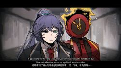  1boy 1other bilingual_text black_hair chinese_text clock coat commentary_request dante_(limbus_company) english_text fire gold_trim hand_on_another's_shoulder heterochromia high_ponytail highres hong_lu_(project_moon) lapels letterboxed limbus_company mixed-language_text momoatls necktie notched_lapels object_head ponytail project_moon red_coat red_necktie sad worried 